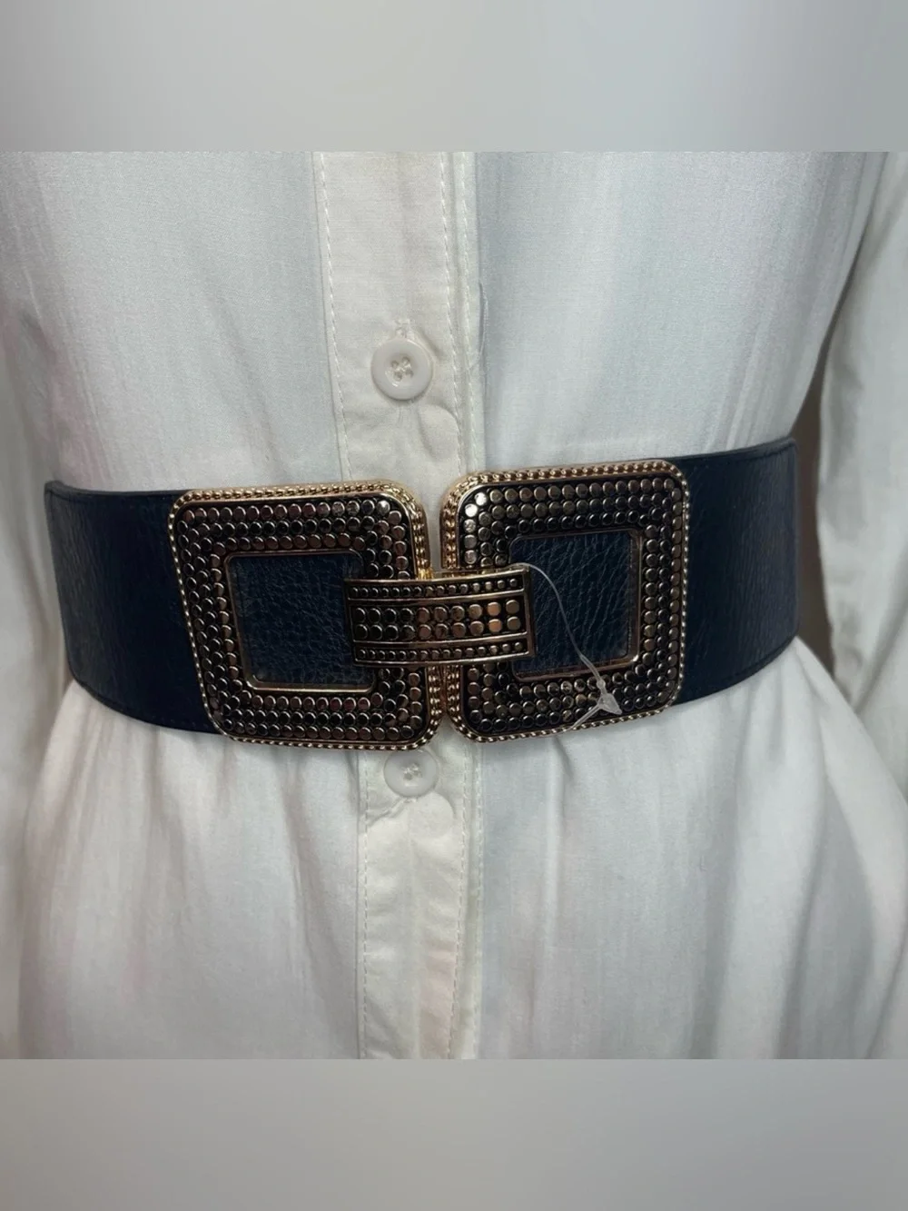Black PU leather gold tone buckle elastic waistband belt